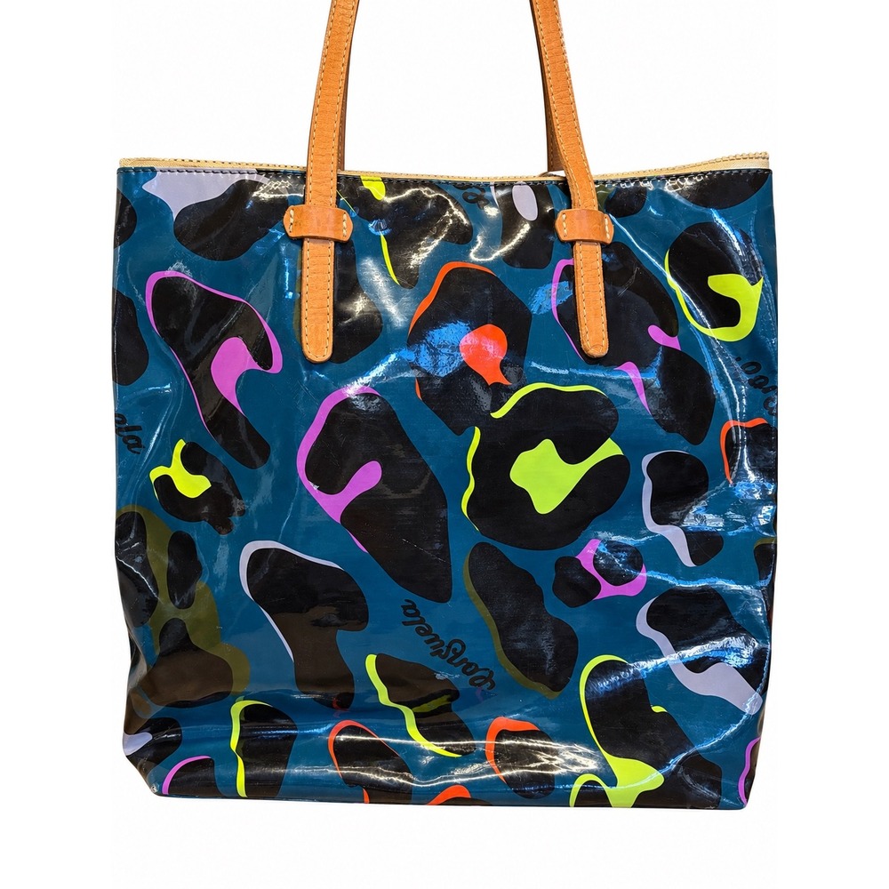 Consuela Blue Leopard Print Glossy Coated Canvas Tote Bag with Leather Straps